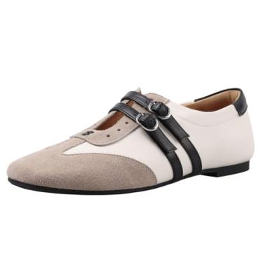 Imagem de U-lite Tênis feminino sem cadarço Mary Jane fechado bico quadrado fivela dupla couro confortável casual multicolorido, Bege, 34