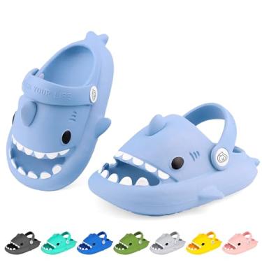 Imagem de LUYOO Chinelos infantis com nuvem de tubarão | Sandálias para meninos e meninas | Chinelos de praia infantis | Chinelo de peixe juvenil para banho de piscina, (alça) azul embaçado, 21-22