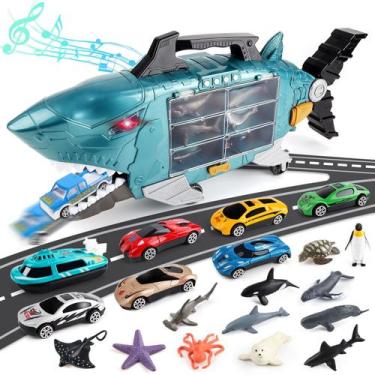Imagem de Caminhão de brinquedo DeAO Shark Transporter com 8 veículos e animais
