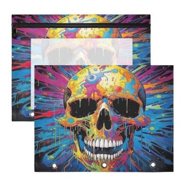 Imagem de ATTX Pacote com 2 bolsas coloridas para fichário de caveira – Bolsa impermeável com zíper de 3 anéis com janela transparente, acessórios de material de escritório para estojos de lápis e organizador