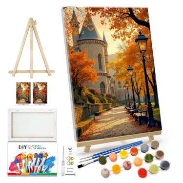 Imagem de JOOZ Kit de pintura por números para adultos com moldura paisagem de outono pintura por número com cavalete castelo kits de pintura para adultos por números em tela emoldurada folhas de outono kits de