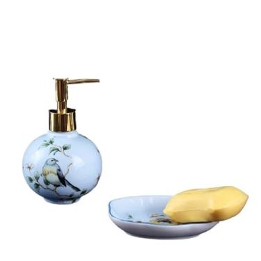 Imagem de Dispensador de sabão Conjunto criativo de banheiro em cerâmica com duas peças, incluindo dispenser sabonete e saboneteira(Blue)