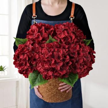 Imagem de JINWOE Flores artificiais vermelhas de hortênsia de seda, 5 peças, flores grandes realistas, hortênsias artificiais de Halloween para mesa de buquê, arranjos florais para casamento em casa