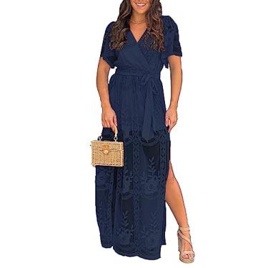 Imagem de MERMAID'S CLOSET Vestido maxi feminino casual tomara que caia renda boho branco dama de honra casamento noite vestidos de festa, C azul-marinho, P