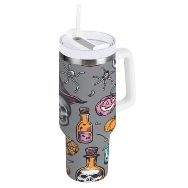 Imagem de Kigai Copo de caveira engraçado de 850 g com tampa e canudo, à prova de vazamento, durável, copo isolado de aço inoxidável com alça, garrafas de água à prova de derramamento para viagens