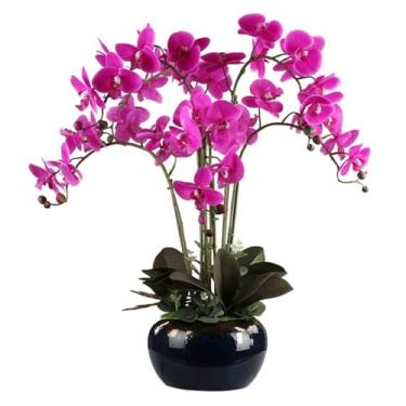 Imagem de LMJYU Orquídea artificial de seda artificial Phalaenopsis flores 59,9 cm orquídeas falsas com vaso de cerâmica vaso de flores artificiais artificiais artificiais