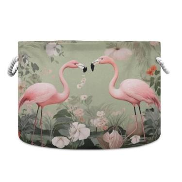 Imagem de WELLDAY Cesta de corda de algodão flamingos cesta de lavanderia de bebê para sala de estar, lavanderia, berçário, travesseiros, decoração de casa