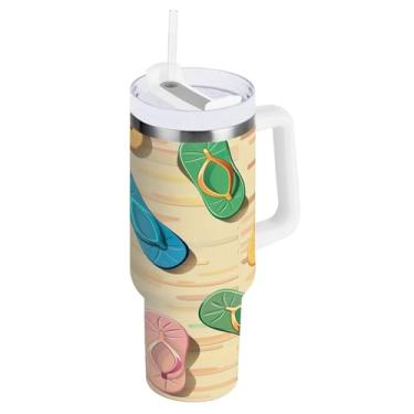 Imagem de Kigai Pantufa de praia colorida de 1,134 g com tampa e canudo, copo isolado de aço inoxidável durável à prova de vazamento com alça, garrafas de água à prova de derramamento para viagens