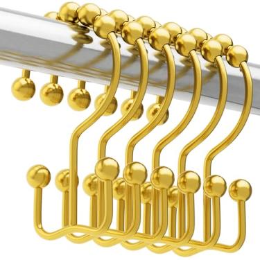 Imagem de Anéis de ganchos de cortina de chuveiro, anéis de metal resistente à ferrugem, ganchos de chuveiro deslizantes duplos para cortinas de varões de chuveiro de banheiro, conjunto de 6 ganchos (ouro)