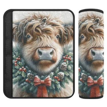 Imagem de Burbuja Capa para cinto de segurança de carro Highland Cow Wearing A Christmas Wreath Almofadas macias confortáveis para cinto de segurança de carro para alça de ombro de assento de carro, 1 par médio
