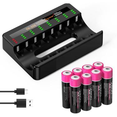 Imagem de BOANV Baterias AA recarregáveis com carregador, 8 pilhas AA de 2800 mAh de alta capacidade com 8 luzes LED AA AAA carregador de bateria para Ni-MH Ni-CD, carregamento rápido USB