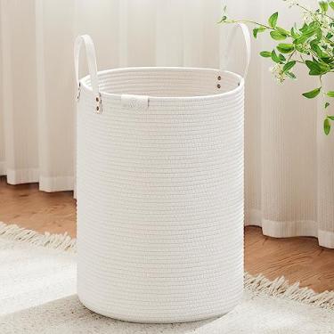 Imagem de VIPOSCO Cesta de lavanderia alta, grande cesto de roupas sujas com alça de couro, cesta de armazenamento de corda tecida para cobertor, brinquedo na sala de estar, banheiro, quarto - 72L branco