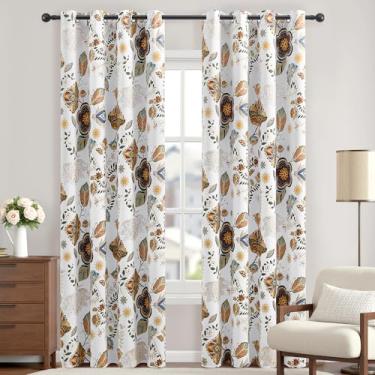 Imagem de XiDi Cortinas florais vintage brancas de 224 cm de comprimento para sala de estar quarto blackout com isolamento térmico, cortinas com ilhós de luxo de meados do século, padrão floral de meados do