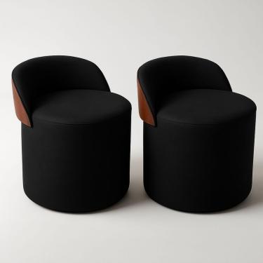 Imagem de Kit 2 Puff Redondo Curvo Orgânico Com Encosto Confortável Resistente Composé Suede Corino Suede Preto