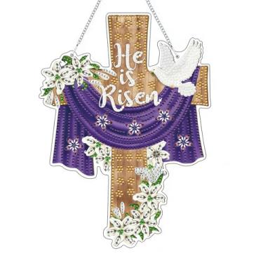 Imagem de IASINN Kit de pintura de diamante 5D com pingente de cruz e pombas, para adultos, iniciantes, forma especial, cristal, diamante, artesanato, ornamento, placa suspensa para janela de parede de casa