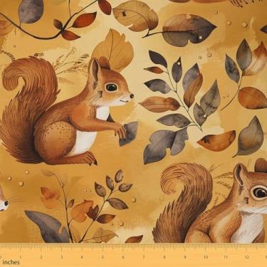 Imagem de Tecido decorativo impermeável animal esquilo por jarda, kawaii selva vida selvagem interior exterior tecido estofado, aquarela folhas de outono costura bricolage, 1 jarda, 91,4 cm C x 149,9 cm L