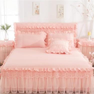 Imagem de Conjunto de saia de cama estilo princesa, fronhas, colcha, lençol, roupa de cama rosa para menina, capa de cama rosa claro, 2 peças com fronhas.