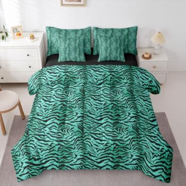 Imagem de Erosebridal Conjunto de edredom Queen com estampa de tigre verde e preto para mulheres, homens e adultos - Conjunto de cama com estampa de pele de tigre selvagem de animal de tigre sintético de 7