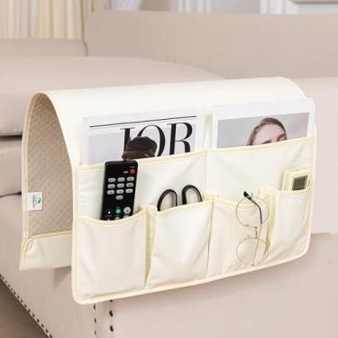 Imagem de HAOMAIJIA Organizador de apoio de braço antiderrapante para sofá, cadeira de cabeceira, organizador de armazenamento para sofá reclinável com 6 bolsos para controle remoto de TV de celular (branco