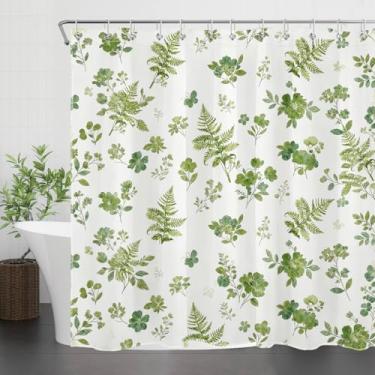 Imagem de NEONWE Cortina de chuveiro de folha verde boho, cortinas de chuveiro de poliéster com folhas de plantas botânicas de primavera para banheiro, tecido moderno à prova d'água com ganchos de plástico, 182