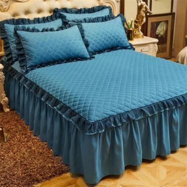 Imagem de Capa de colchão de casal com babados, saia acolchoada e elástico, para cama de solteiro e casal, cor azul celeste, 150x200cm, 1 peça