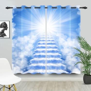 Imagem de Laeacco Cortinas blackout Heaven Stairs to Heaven Paradise God Bless Cortinas de janela com céu azul claro e nuvens brancas para Páscoa, igreja, casa, quarto, sala de estar, 53 x 113 cm, 2 painéis