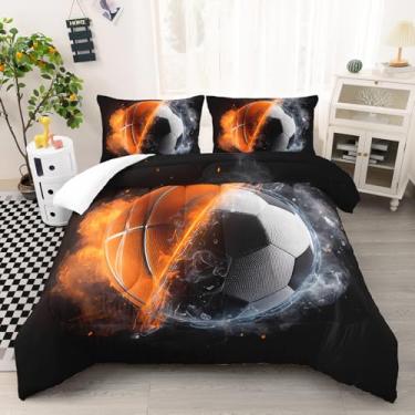 Imagem de AILONEN Conjunto de edredom solteiro de basquete e futebol 3D, temática esportiva, fogo, água + 2 fronhas, jogo de cama branco com bola de fumaça de 3 peças para crianças e meninos