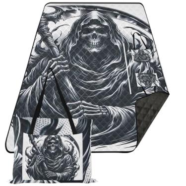 Imagem de TSENQUE Cobertor de piquenique dobrável preto e branco Grim Reaper grande sem areia cobertor de praia impermeável tapete de brincar ao ar livre para grama 203 cm x 152 cm
