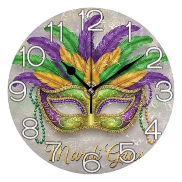 Imagem de GAIGEO Relógio de parede analógico decorativo relógio de cozinha rústico redondo sem tique-taque silencioso, decoração de parede de casa de fazenda moderna máscara de carnaval penas coloridas, 25 cm