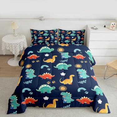 Imagem de Feelyou Conjunto de edredom fofo de dinossauro para todas as estações, com 1 fronha, animais selvagens, crianças, solteiro, arco-íris, respirável, macio e leve