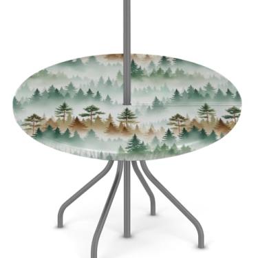 Imagem de Ackutea Toalha de mesa redonda ajustada ao ar livre – Toalha de mesa circular com borda elástica floresta verde com orifício para guarda-chuva e zíper oculto – capa de mesa impermeável para mesas de