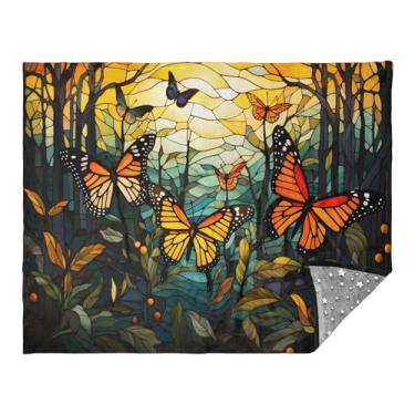 Imagem de CEBUGI Manta de flanela macia e quente 127 cm x 178 cm para sofá, cama, escritório, acampamento, viagem, preto, laranja, borboletas, monarca, uso em todas as estações