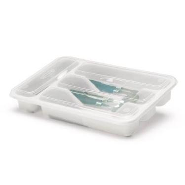 Imagem de Organizador de Talheres para Gaveta com Tampa, Plástico Durável, Preto e Transparente 21 x 32,5 x 5 cm (Branco)