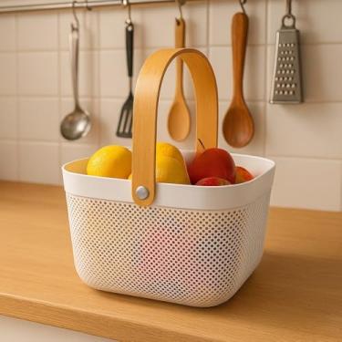 Imagem de Cesto Organizador de Plástico com Alça de Bambu – Multiuso para Cozinha e Banheiro(QUADRADO BRANCO)