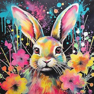 Imagem de GHHKUD Kits de pintura colorida de coelho por números para adultos, pintura DIY por cores, adultos, crianças, coelhos, pintura fácil, presentes de Páscoa em tela, para decoração de casa, 35 x 35 cm