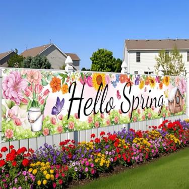 Imagem de Pano de fundo de primavera 177 x 109 cm, faixa de fundo de flores para sessão de fotos, caminhão, azul, gnomo, flor, parede, com borboleta floral vibrante, decoração interna ao ar livre, para festa