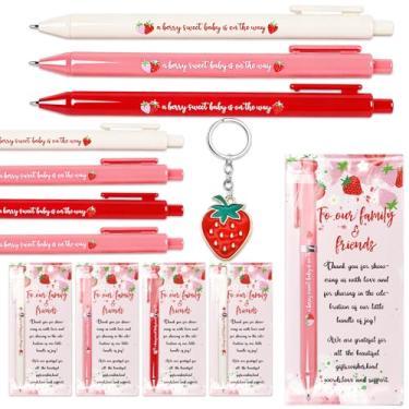 Imagem de FYSUIMU 15 conjuntos de presentes de morango para chá de bebê, chaveiros de morango com canetas esferográficas de plástico, cartões de agradecimento para convidados, revelação de gênero, lembrancinhas