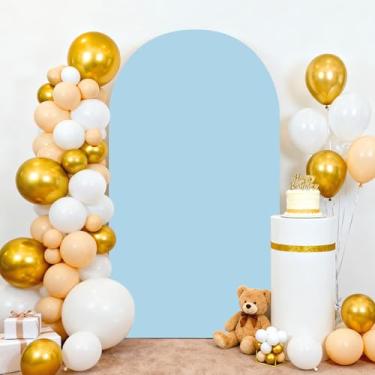 Imagem de Rtshuok Capa de fundo de arco de 2,5 m, elastano com arco azul empoeirado, pano de fundo elástico para casamentos, aniversários, festas, chás de bebê, decorações de banquete de cerimônias