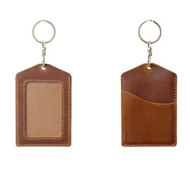 Imagem de Porta-crachá de identificação de couro legítimo, suporte vertical de couro de grão superior com chaveiro de metal dourado (marrom)