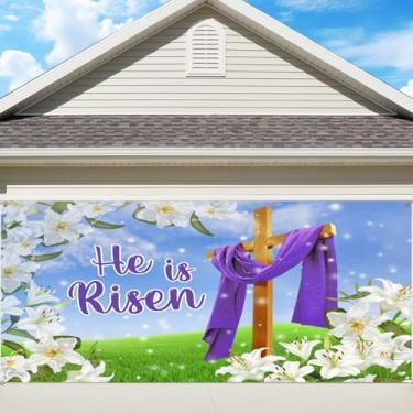 Imagem de OERJU He is Risen Banner de porta de garagem mural primavera Páscoa decoração de porta de garagem capa lírio cruz cristã pano de fundo religioso casa interior exterior festa de Páscoa suprimentos de
