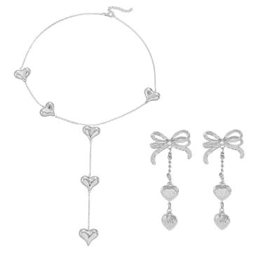 Imagem de ONLYJUMP Conjunto de 2 pares de brincos pendentes de laço de fita de coração para mulheres banhado a ouro 14k delicado fita coração laço brincos colares joias modernas presente, Large, Liga de aço