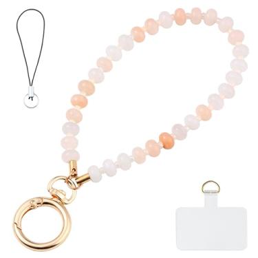 Imagem de Yeeyeow Cordão de pulso de telefone com contas de pedra natural laranja-rosa, chaveiro de amuleto de pedra preciosa feito à mão para mulheres, chaveiro mãos livres, alça de pulso