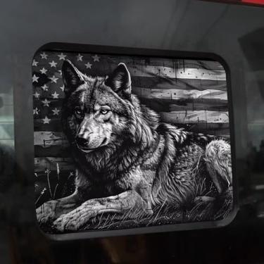 Imagem de Adesivo de janela deslizante central traseira caminhão lobo, preto branco bandeira americana caminhão traseiro janela média, imagem de filme de vinil perfurado à prova d'água para decoração de carro