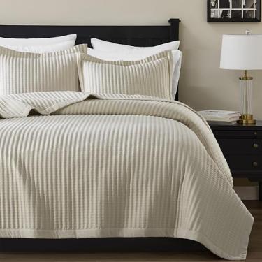 Imagem de WDCOZY Conjunto de colcha king size bege, colcha leve com ponto de palheta listrada, colcha rústica de casa de fazenda de canal macio, edredom fino para primavera, verão, cama de campo, 264 x 228 cm