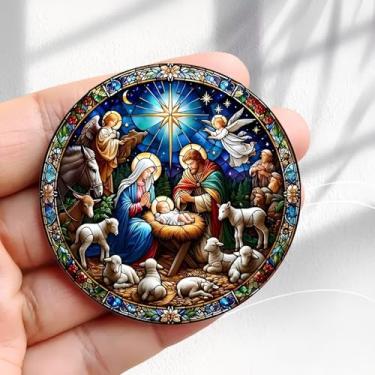 Imagem de Design vintage de presépio de vitral com ímã de geladeira - adesivo redondo de acrílico de 5,8 cm para geladeira, presente de decoração retrô, tamanho perfeito para geladeira, armário ou qualquer