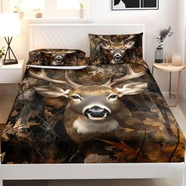 Imagem de AILONEN Jogo de lençol casal de veado rústico, cabana florestal de fazenda para decoração de quarto, animal selvagem, 3 peças, 1 bolso profundo com 2 fronhas, microfibra macia