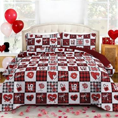 Imagem de Djoymock Conjunto de colcha King para o Dia dos Namorados, leve, de microfibra, reversível, jogo de cama acolchoado, vermelho, doce amor, coração, rosa, xadrez, patchwork, conjunto com 2 fronhas