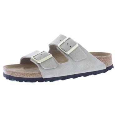 Imagem de Birkenstock Sandália de palmilha macia unissex para adultos Arizona, Camurça acastanhada brilhante/bege sujo, 6 Narrow Women/4 Men
