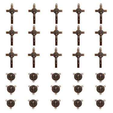 Imagem de Conjunto de 30 peças de cruz do terço e peça central com 15 medalhas de São Bento de 5,3 cm e 15 peças de crucifixo de rosário de 13,5 cm para confecção de rosário, joia religiosa do terço para