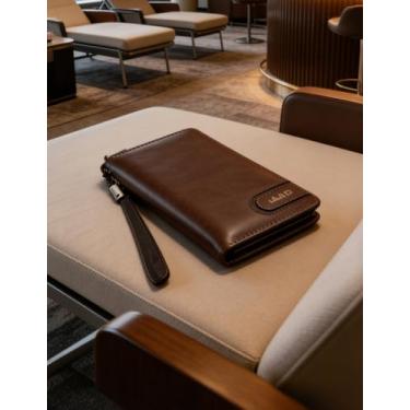 Imagem de Carteira masculina retrô europeia, carteira longa de couro encerado com zíper único com grande capacidade e design multifuncional, clutch com bloqueio de RFID estilo vintage (Cáqui profundo)